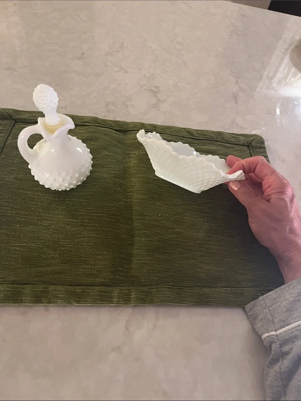 Vintage vanity accessories . Hobnail  bottle and  a trinket Dish w/ ruffled edge